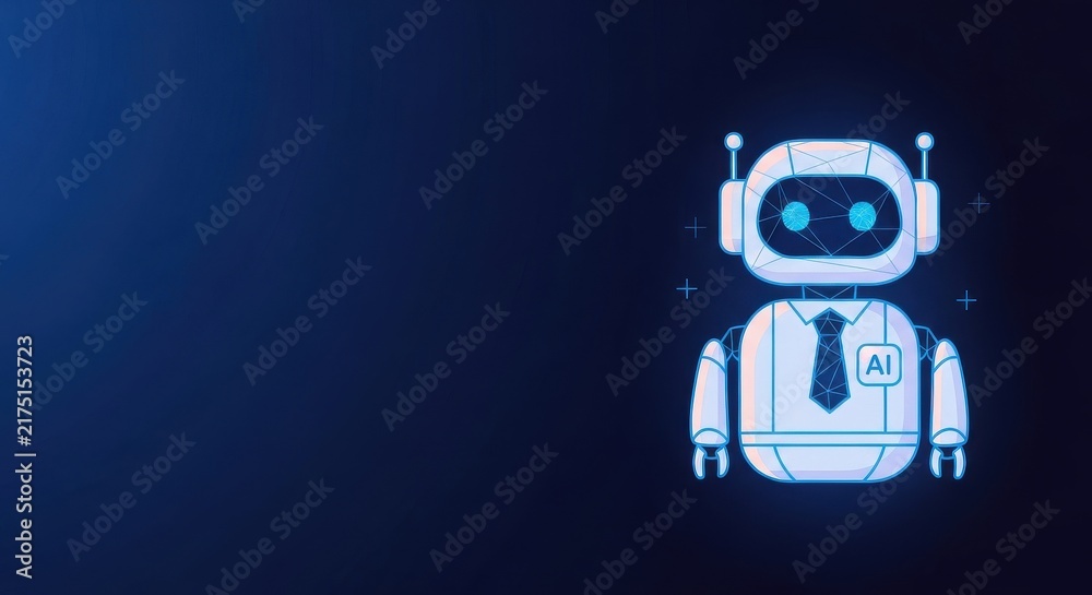 Naklejka premium Modern robot character with tie and shirt, representing artificial intelligence and technology on a dark blue background