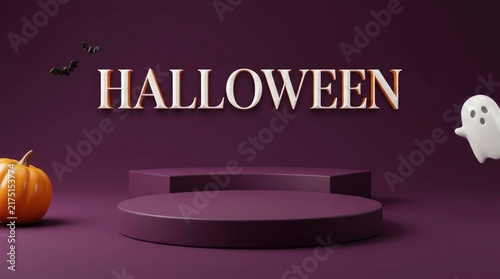 A festive product display podium with a pumpkin and cute ghost for a creative happy halloween holiday celebration background