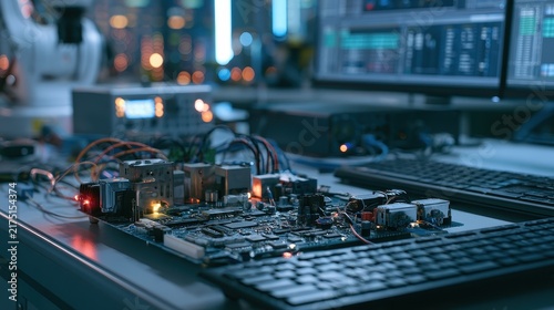 Embedded System firmware control automation intelligent devices industrial evolution selective focus robotics laboratory futuristic Composite embedded development bench. 