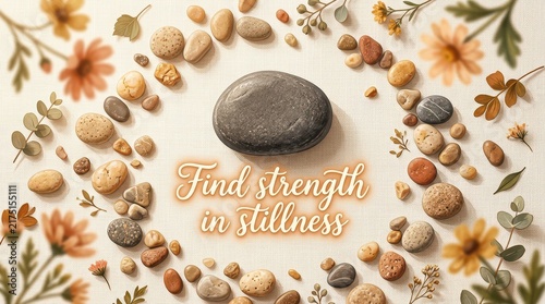 Zen meditation concept: A smooth grey stone and colorful pebbles arranged with dried flowers and eucalyptus leaves on a textured burlap background, pr