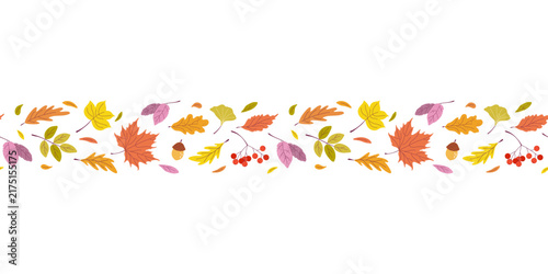 Autumn rectangular seamless pattern with colorful leaves and plants. Horizontal Fall theme divider for greeting card, invitation, headers, seasonal design. Flat design vector illustration.
