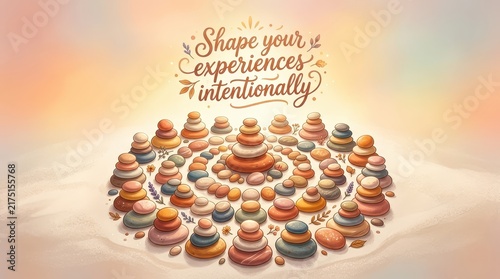 Zen stone balancing cairn art with inspirational text 'Shape your experiences intentionally' for mindfulness and meditation