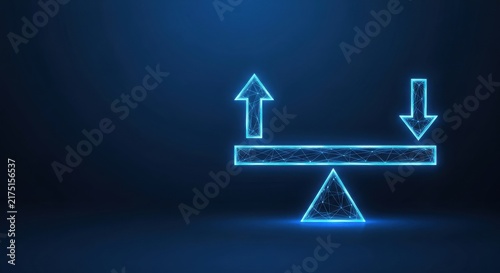 Neon blue digital scale with upward arrow showcasing growth and balance in abstract technological setting