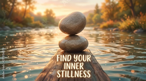 Zen stones balanced on a wooden log in flowing water with autumn trees and golden sunset light, evoking calm and mindfulness.