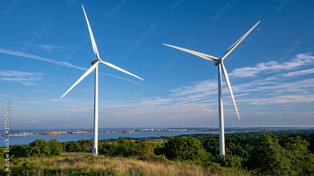 Fototapeta premium Windmill keeper climbs a fog shrouded turbine ladder in early morning mist as shipping containers visible at a distant port begin operations below, before and after framing showing dormant turbine b