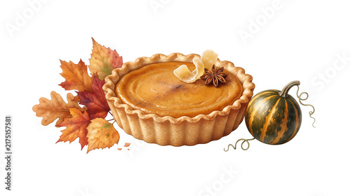 Thanksgiving pumpkin pie with autumn leaves and small pumpkin decoration for holiday celebration.