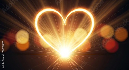 Glowing neon heart outline with golden light rays.
