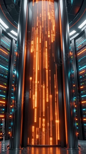 Futuristic Data Center Server Room with Glowing Orange Digital Information Stream Vertical Screen in Dark Environment