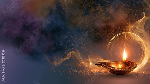 A glowing clay lamp sits amidst swirls of gold smoke on a dark purple backdrop