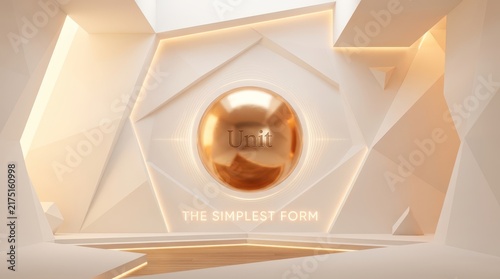 Abstract geometric background with a central polished copper sphere and illuminated text 