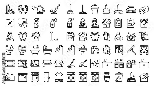 Foto House Cleaning and Home Care Editable Line Icon Set with Vacuum Cleaner, Steam C