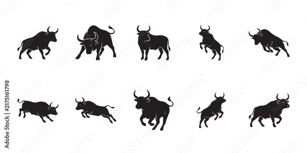 Obraz premium Nublang cattle silhouette poses. Collection of indigenous Bhutanese Nublang cattle silhouettes showing different standing and moving poses, isolated on a clean white background.