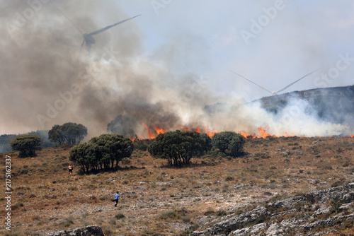 Firefighters and residents help fight a wildfire near Monasterio de Rodilla on August 12, 2026