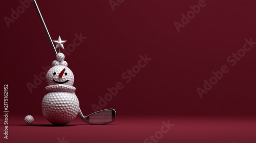 Creative winter decoration featuring a golf ball snowman with a golf club against a red background