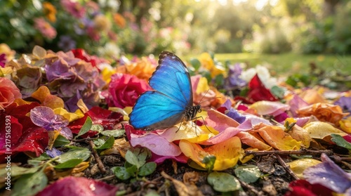 A vibrant blue butterfly rests delicately on a bed of colorful rose petals and fallen leaves.