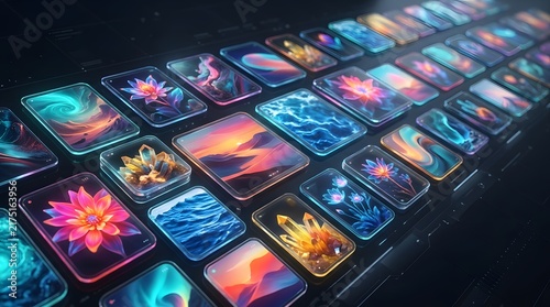 Glowing colorful keyboard keys or digital displays uniquely crafted