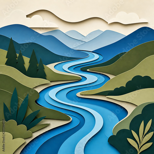 A layered paper craft landscape featuring a winding blue river flowing through green hills and mountains under a soft pastel colored sky