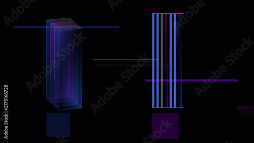 Fotografie Abstract 3D glass geometry with neon lighting and translucent refractive light e