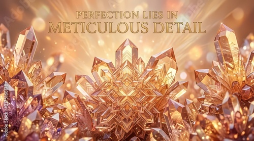 Abundant glistening geometric crystals with a quote 'Perfection Lies in Meticulous Detail' on a sparkling golden bokeh background.