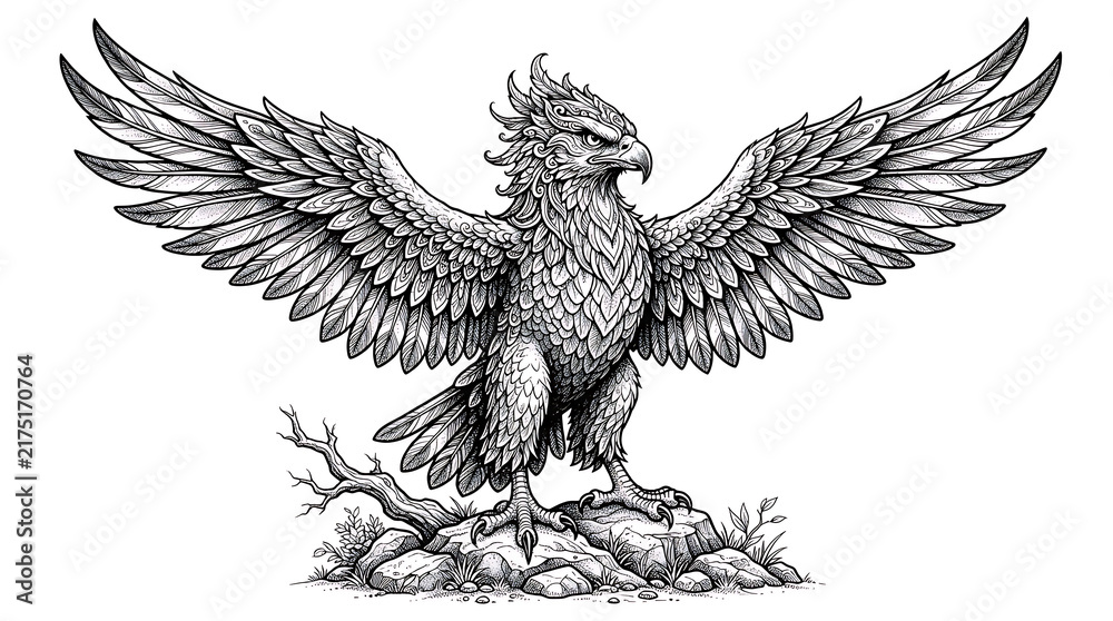 Fototapeta premium Eagle bird with spread wings in black and white