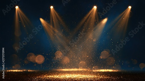 Illuminated stage with shimmering particles and soft bokeh lights, evoking anticipation