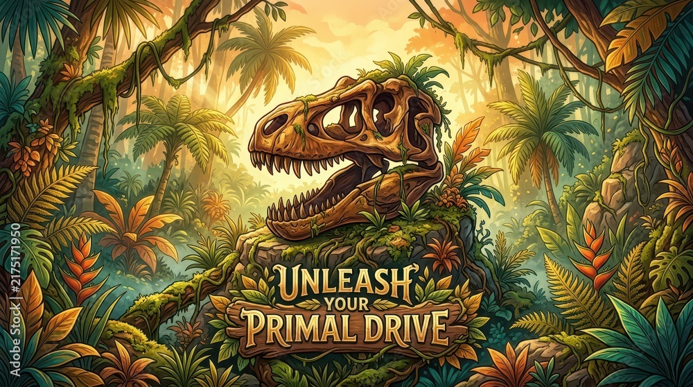Obraz premium Ancient Dinosaur Skull Fossil Perched on Rocky Outcrop in Lush Jungle, 