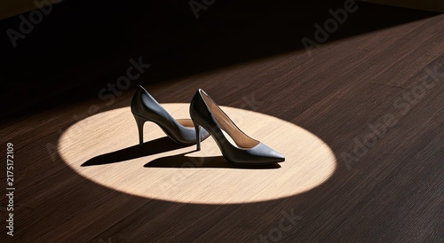A pair of grey high-heeled shoes illuminated by a circular spotlight on wood (1)
