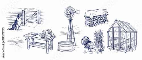 Farm life drawing illustration set featuring farm dog, wooden fence, greenhouse, windmill, workbench, turkey, and firewood stack in a detailed vintage sketch style for rural rustic lifestyle design.