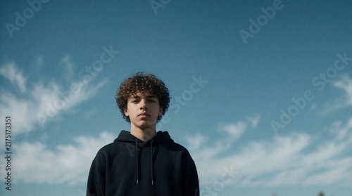 Teenage boy stands outdoors under blue sky with white clouds. Young male wears black hoodie, serious expression. Portrait of adolescent person for awareness campaign about dating violence prevention,