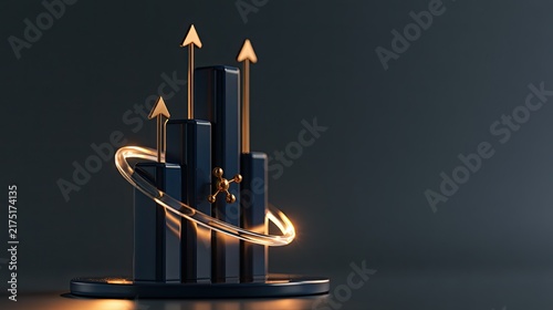 Dark blue 3D bar chart with glowing golden arrows and a luminous ring structure