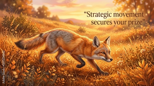 A clever red fox cautiously moves through a sun-drenched meadow at sunset, illustrating strategy and success in nature.