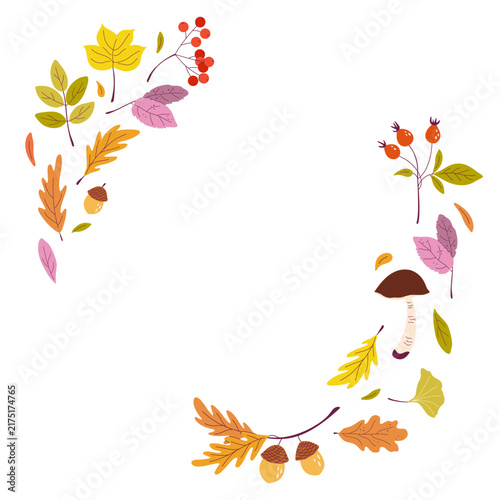 Autumn corner frame with colorful leaves and seasonal plants. Flat design vector illustration for greeting card, Thanksgiving invitation, scrapbook layout, Fall design.
