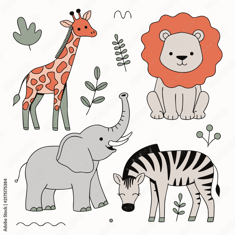 Naklejka premium Cute Baby Animals Clipart Set Featuring Giraffe Lion Elephant and Zebra