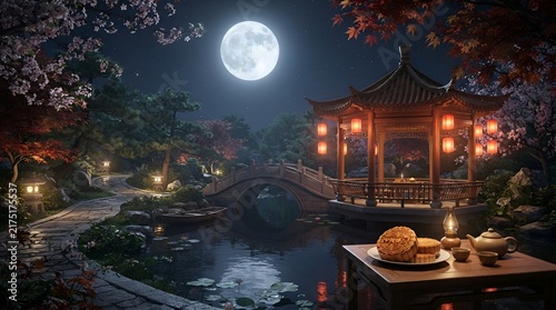 Full Moon Over Traditional Asian Temple and Peaceful Night Landscape