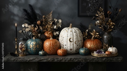 Rustic Autumn Pumpkin Decoration with Flowers and Seasonal Harvest
