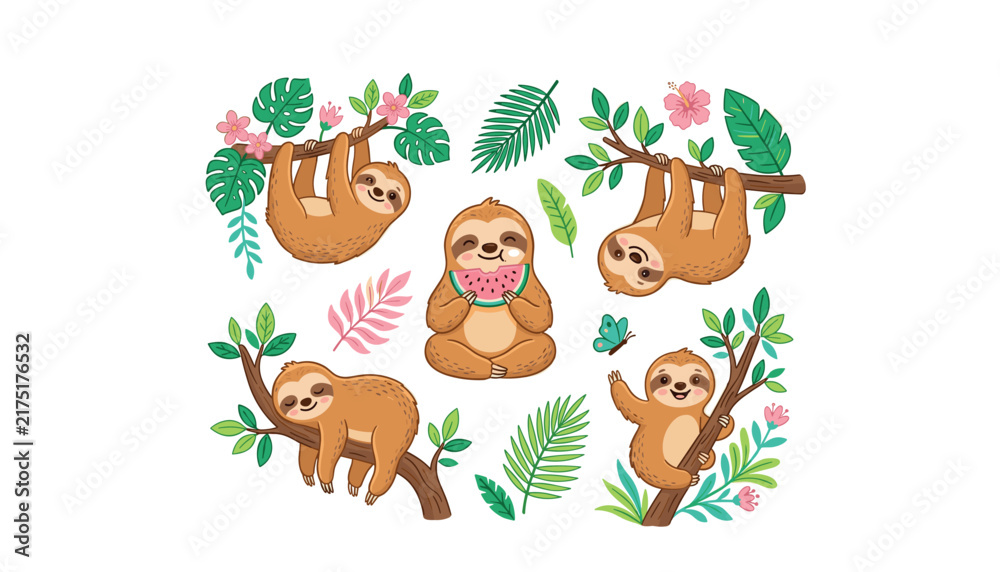 Fototapeta premium Cute cartoon sloth vector character collection hanging on tropical branches eating watermelon with jungle leaves and flowers