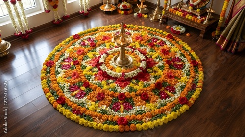 Colorful Traditional Diwali Rangoli Made with Flowers and Diyas