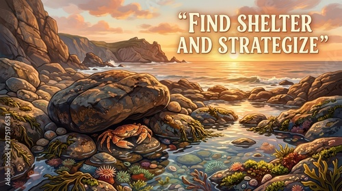 A crab rests on rocks by the sea during a beautiful sunset, contemplating the advice 
