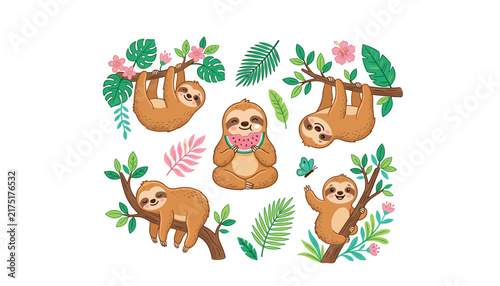 Bild auf Leinwand Cute cartoon sloth vector character collection hanging on tropical branches eati
