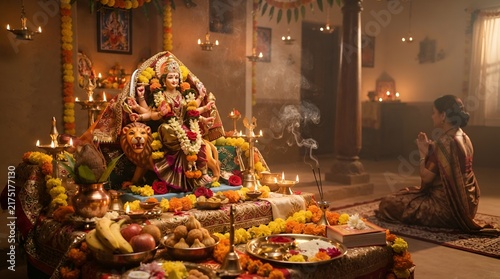 Traditional Ganesha Idol Decorated with Flowers for Festival Celebration