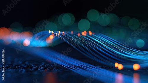Wavy strands of glowing blue and orange light pulse with energy