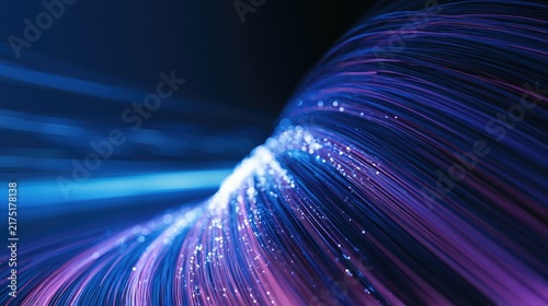 Swirling stream of luminous digital threads flowing forward