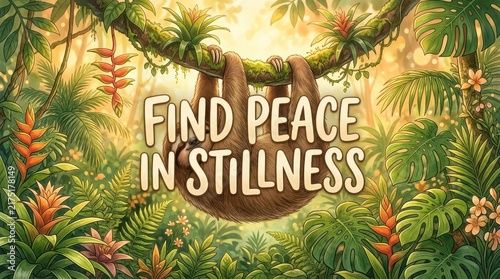 A cute sloth hangs from a branch in a lush, vibrant jungle, conveying a message of finding peace in stillness.