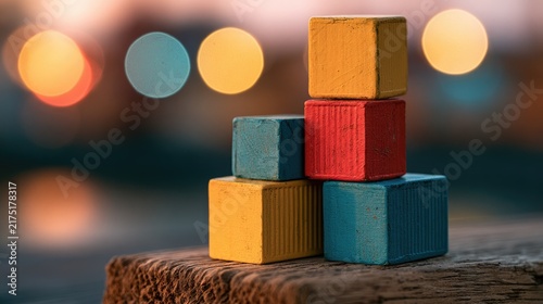 Colorful wooden blocks stacked in a pyramid on a textured surface