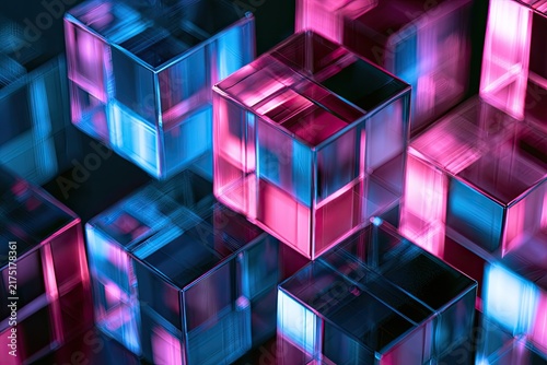 Transparent cubes illuminated with vibrant pink and blue light