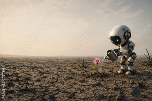 Small robot waters a pink flower in dry cracked soil. Space for text.
