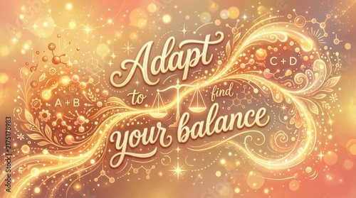 Adapt to find your balance quote with stylized text and abstract chemical molecule and golden bokeh background