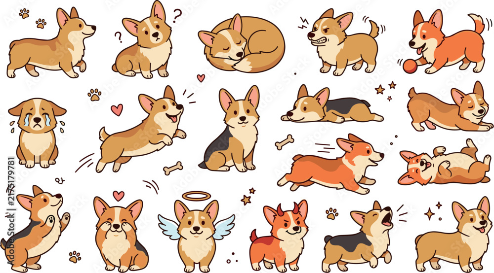 Fototapeta premium Cute Corgi Dog Character Vector Illustration Set with Various Playful Emotional PosesCute Corgi Dog Character Vector Illustration Set with Various Playful Emotional Poses