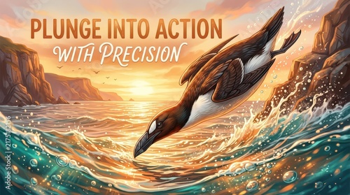 A diving bird plunges into the ocean with precision at sunset, with dramatic cliffs and warm golden light reflecting on the water.