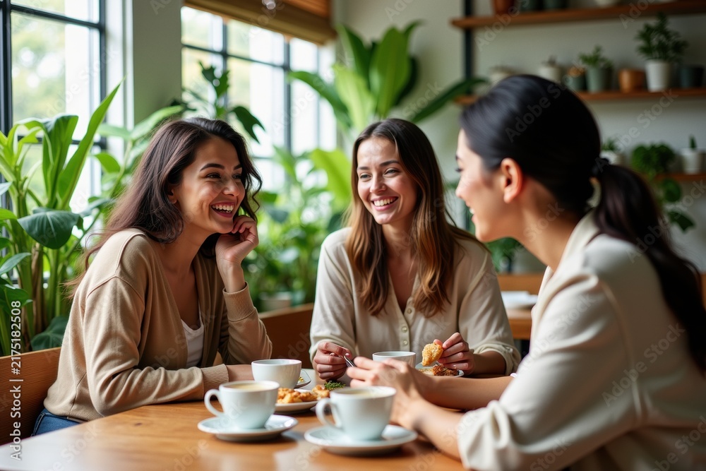 Fototapeta premium Three happy female friends enjoying coffee and conversation in a bright cafe